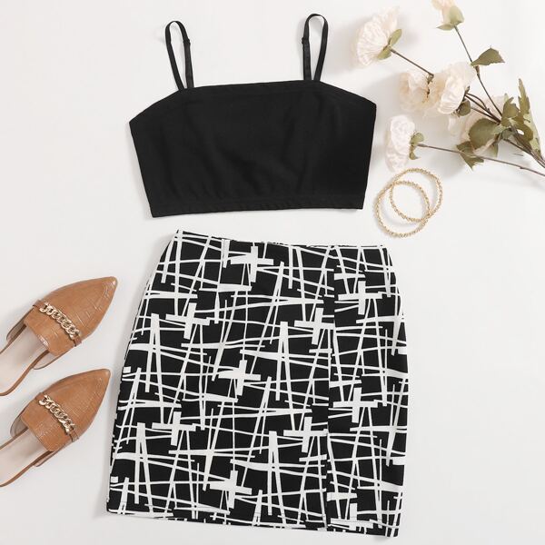 

Cami Crop Top & Allover Print Skirt Set, Black and white