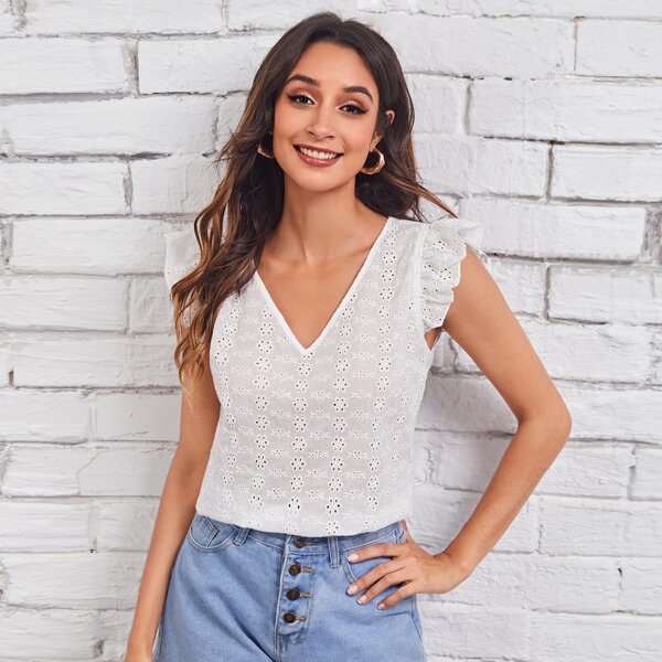 

Ruffle Armhole Schiffy Top, Black white