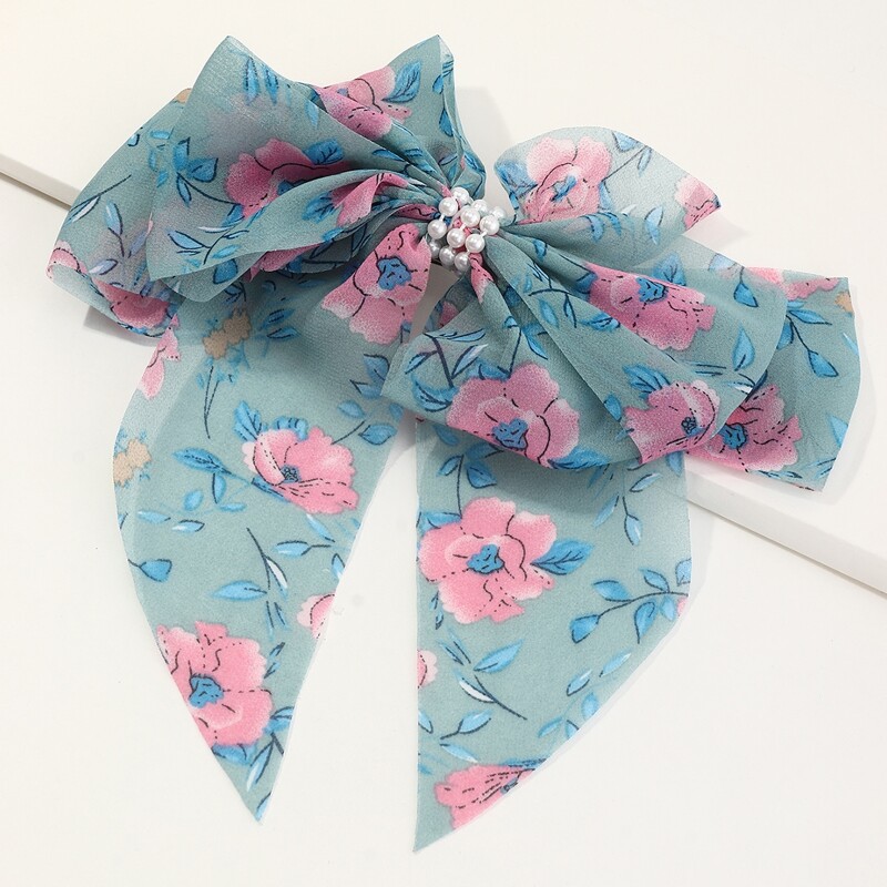 

Flower Print Bow Decor Hair Clip, Blue