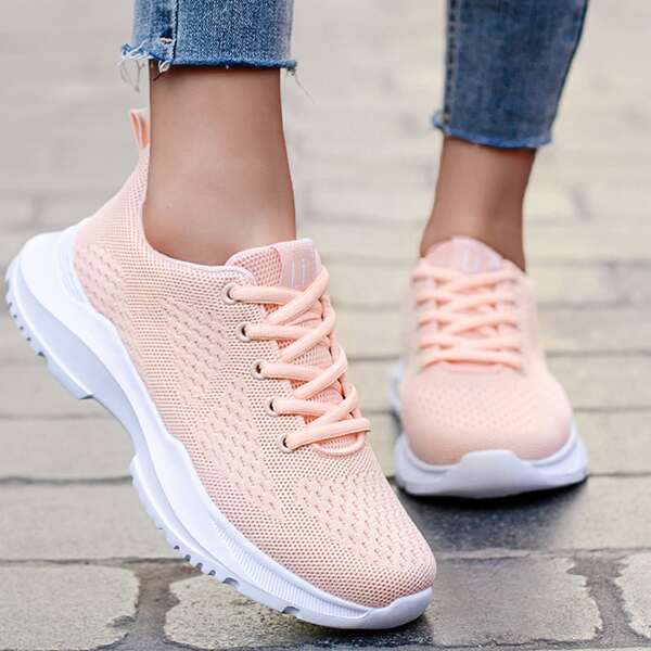 

Lace-up Front Knit Sneakers, Baby pink