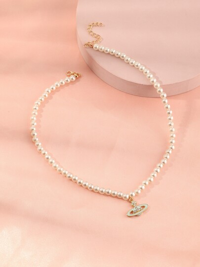 Girls Planet Charm Faux Pearl Beaded 