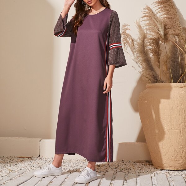 

Contrast Sleeve Side Striped Tee Dress, Purple