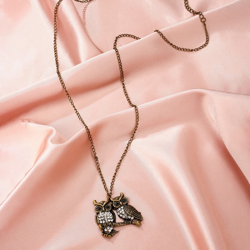 

Rhinestone Owl Pendant Chain Necklace, Black