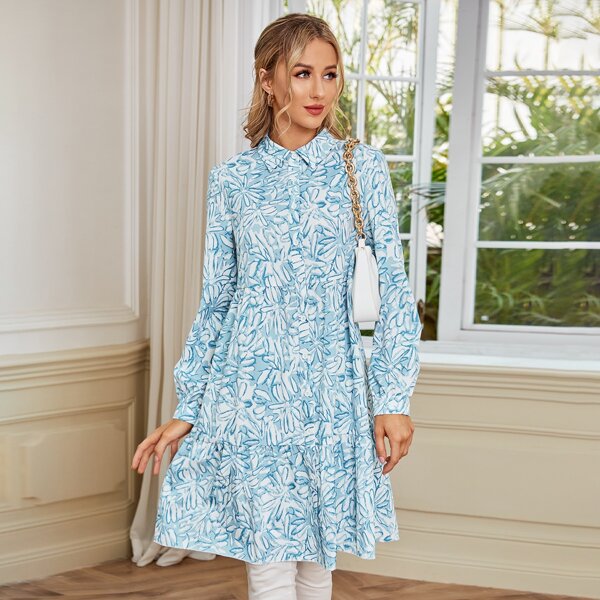 

Allover Print Ruffle Hem Button Up Blouse, Blue and white