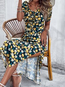 Allover Floral Print Split Thigh Dress - Multicolor - View 1