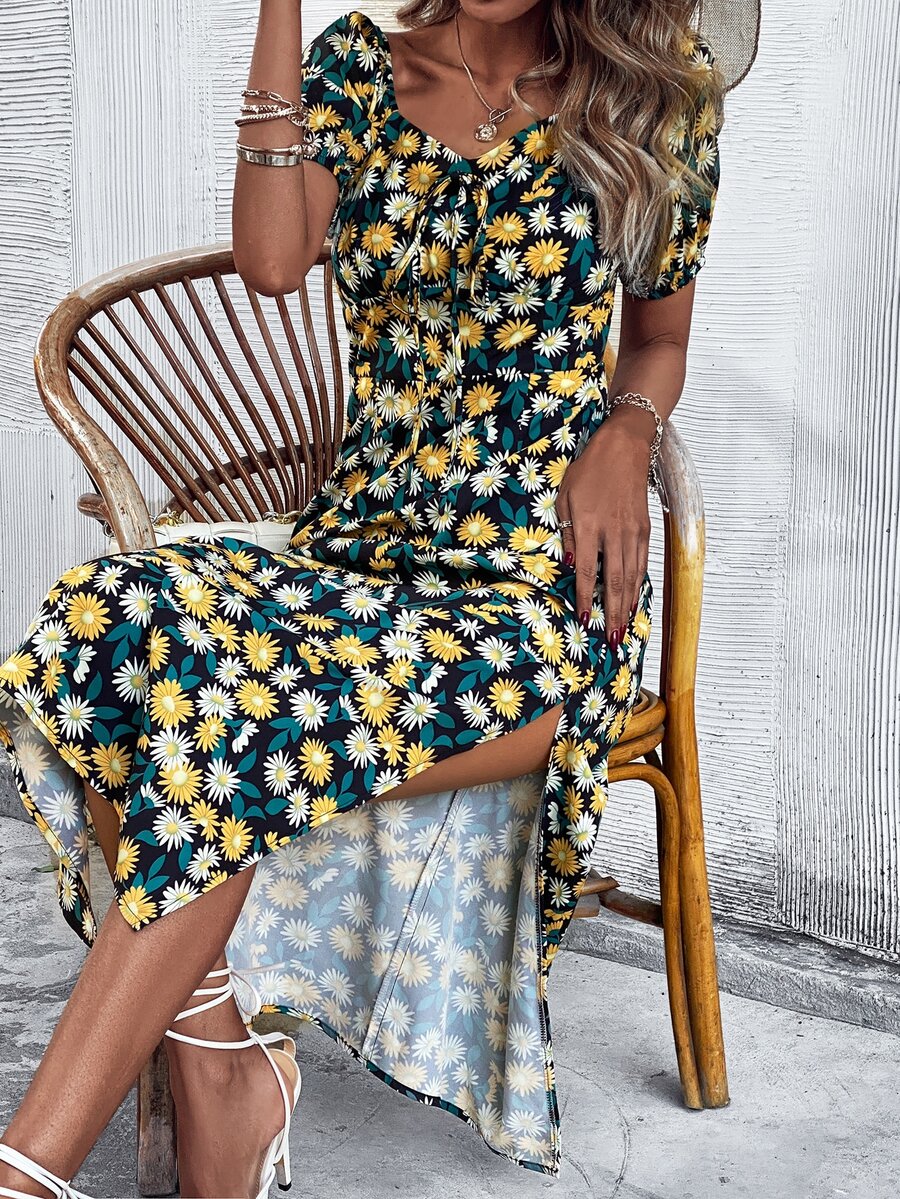 Allover Floral Print Split Thigh Dress - Multicolor - View 1