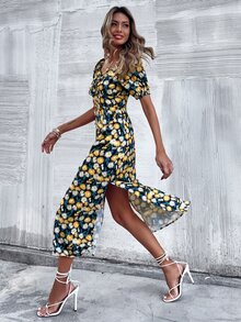 Allover Floral Print Split Thigh Dress - Multicolor - View 5