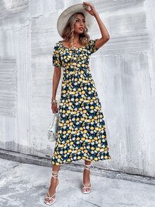 Allover Floral Print Split Thigh Dress - Multicolor - View 6