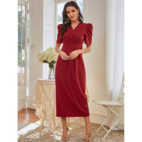 

Puff Sleeve Slit Back Fitted Dress, Burgundy