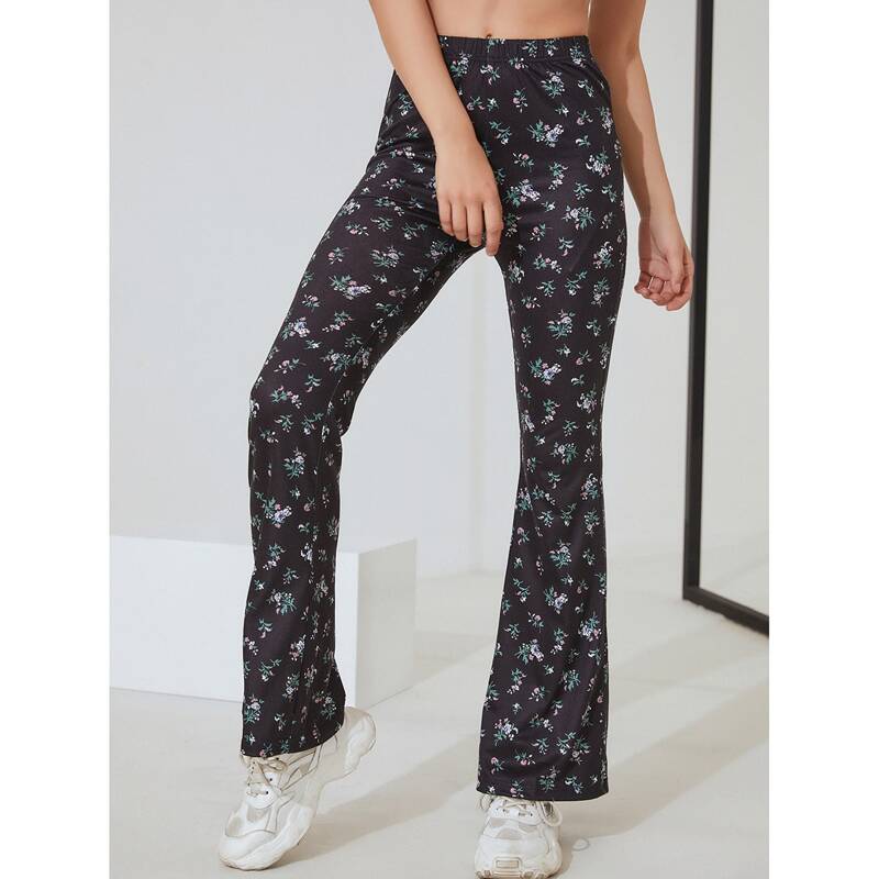 

Floral Flare Leg Pants, Black