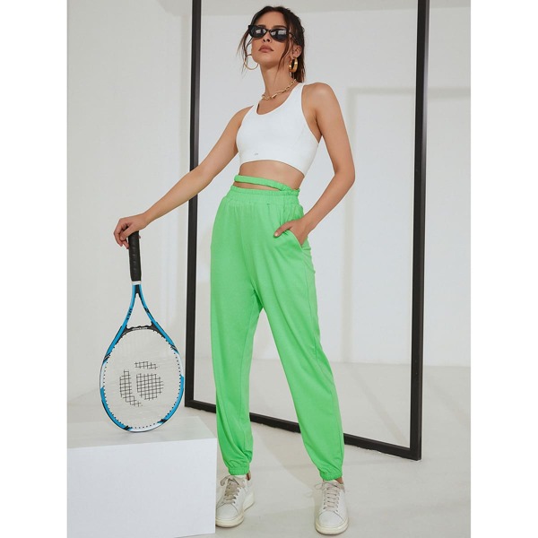 

Solid Slant Pocket Carrot Pants, Lime green