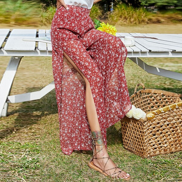 

Ditsy Floral Split Wide Leg Pants, Red