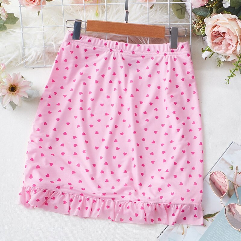 

Heart Print Ruffle Hem Skirt, Pink