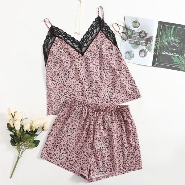 

Plus Allover Print Lace Trim Cami PJ Set, Dusty pink