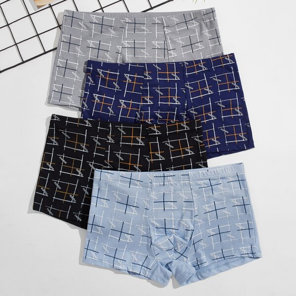 

Men 4pcs Letter And Plaid Print Boxer Brief, Multicolor