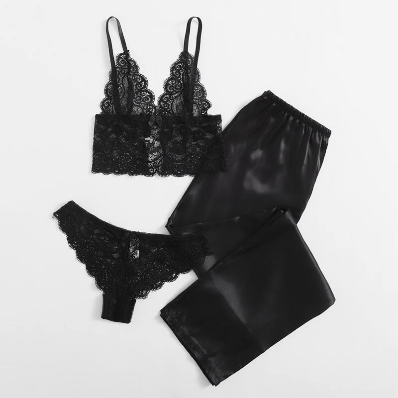 

3pack Scallop Floral Lace Lingerie Set & Satin Pants, Black