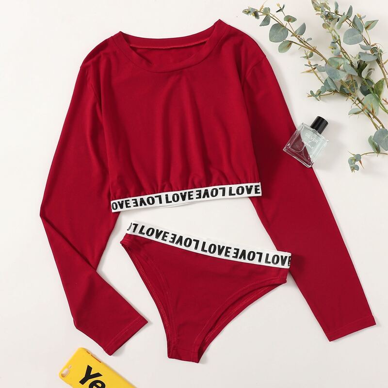 

Letter Tape Long Sleeves PJ Set, Burgundy