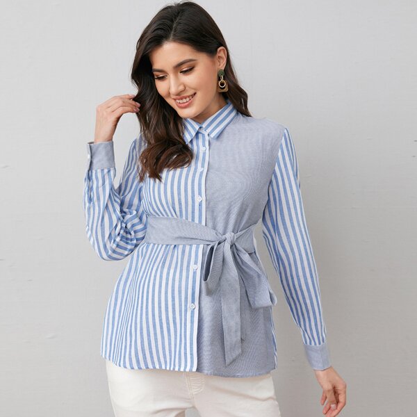 

Maternity Collared Self Belted Striped Blouse, Blue and white
