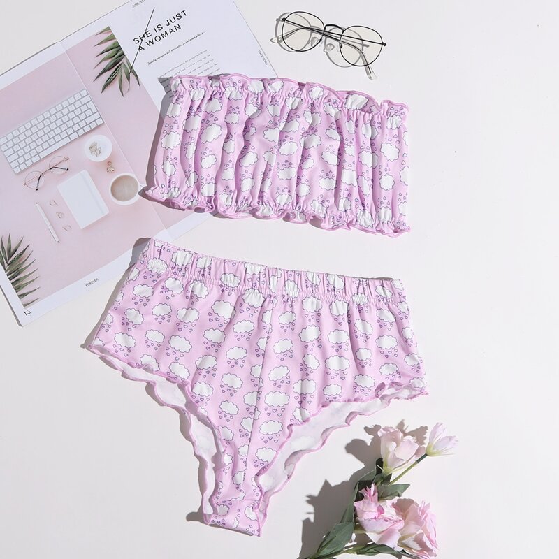 

Cartoon Graphic Ruffle Trim Pajama Set, Lilac purple