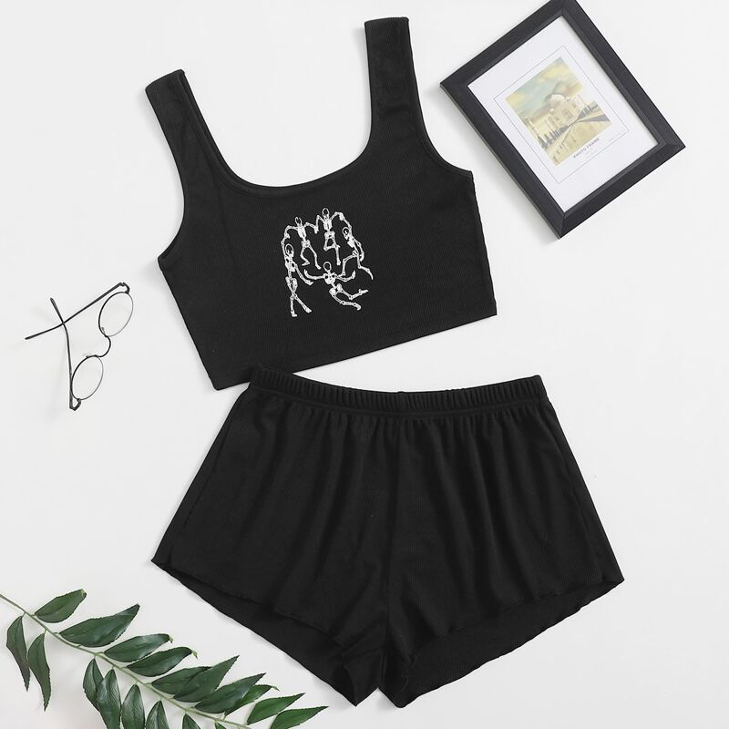 

Graphic Print Pajama Set, Black