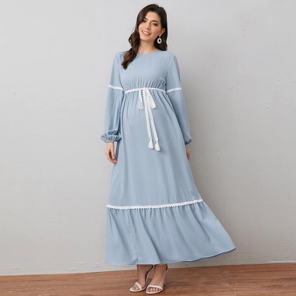 

Maternity Lantern Sleeve Lace Trim Zip Detail Tie Waist Dress, Dusty blue