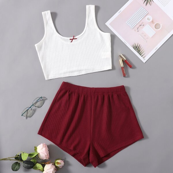 

Scoop Neck Waffle Tank Top & Shorts Lounge Set, Red and white