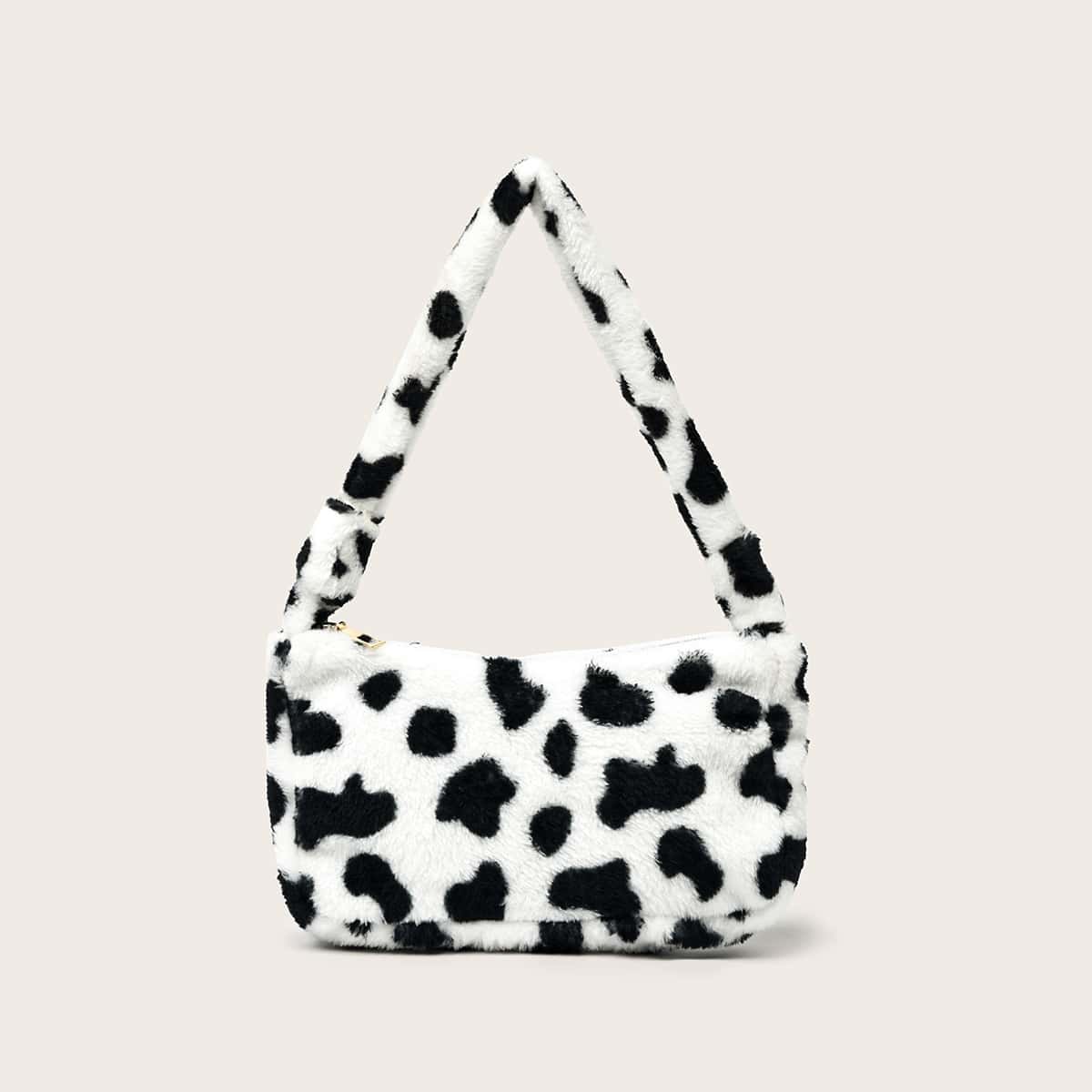 

Cow Pattern Fluffy Baguette Bag, Black and white