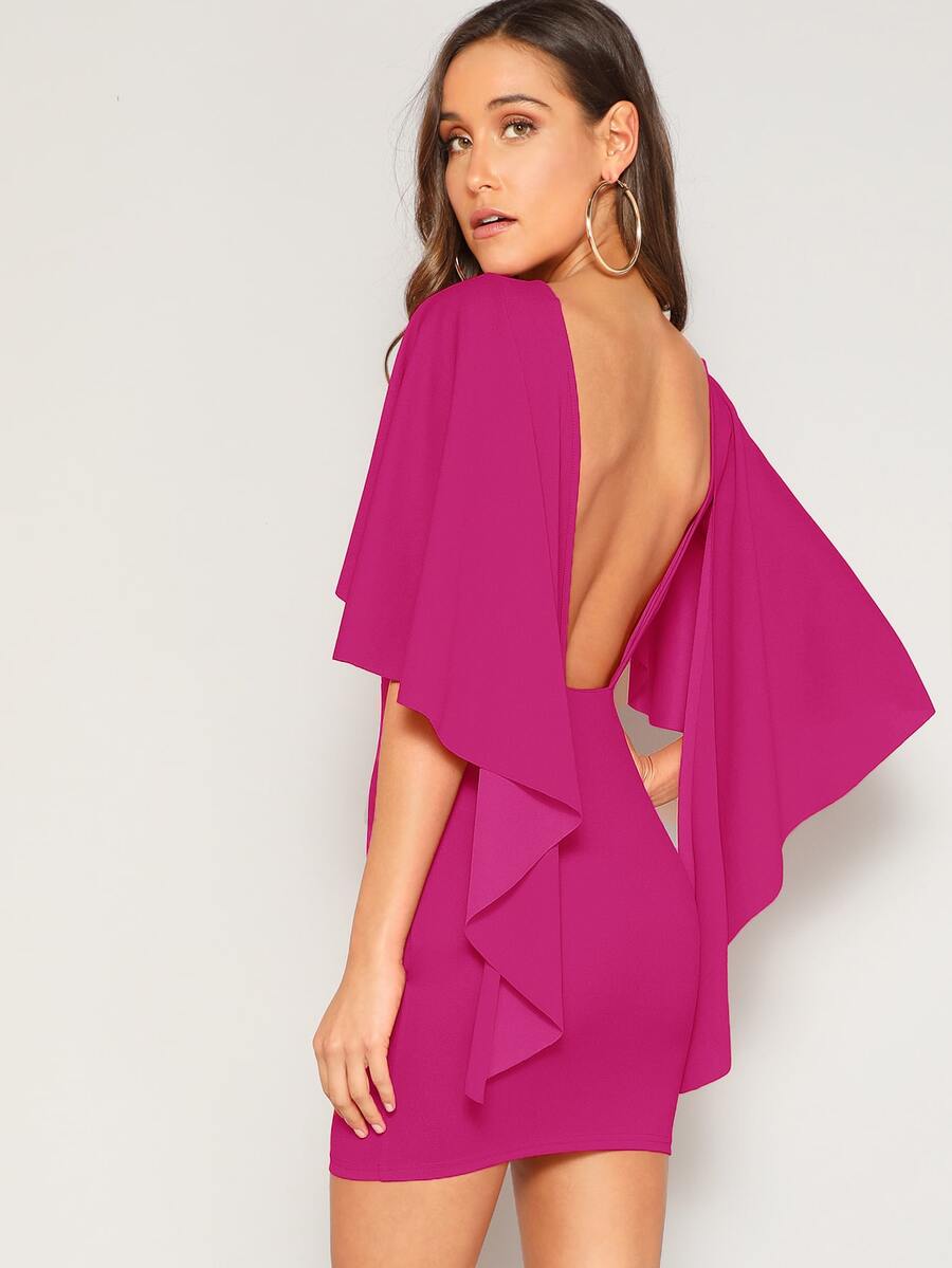 SHEIN Open Back Asymmetrical Cloak Sleeve Dress - Hot Pink - View 1