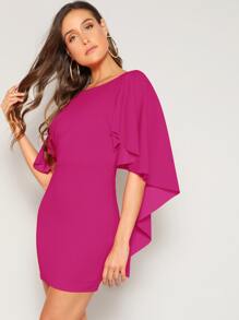 SHEIN Open Back Asymmetrical Cloak Sleeve Dress - Hot Pink - View 4