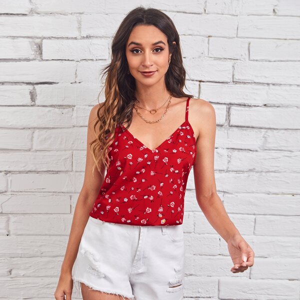

Double V-Neck Floral Cami Top, Red