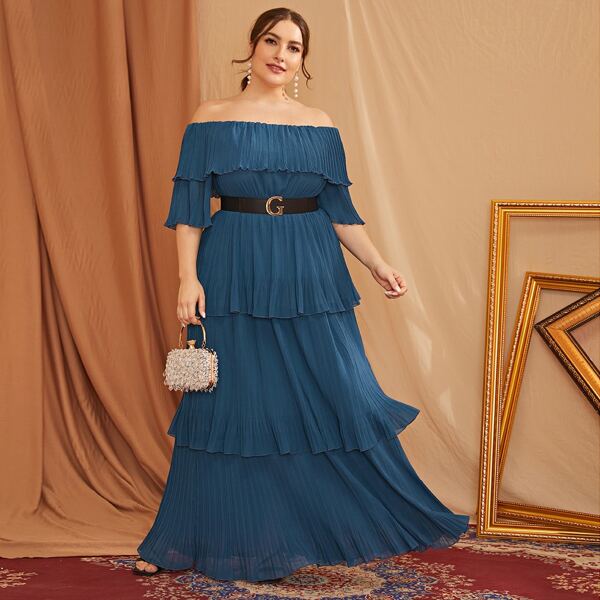 

Plus Bardot Plicated Self Tie Layered Maxi Dress, Blue