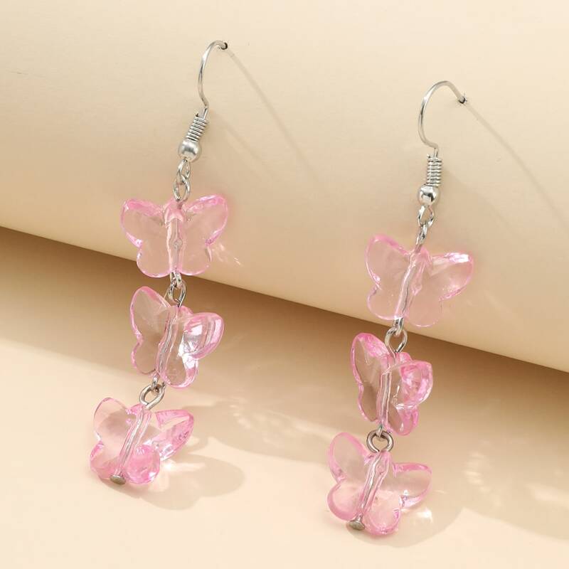

Clear Butterfly Drop Earrings, Baby pink