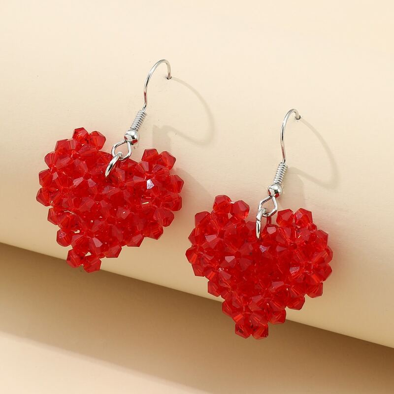 

Beaded Heart Drop Earrings, Red