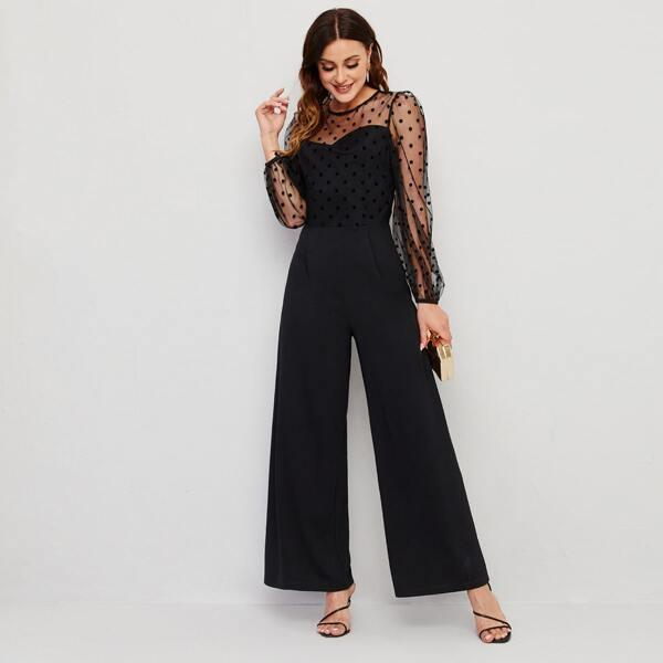 

Dobby Mesh Bodice Wide Leg Jumpsuit, Black