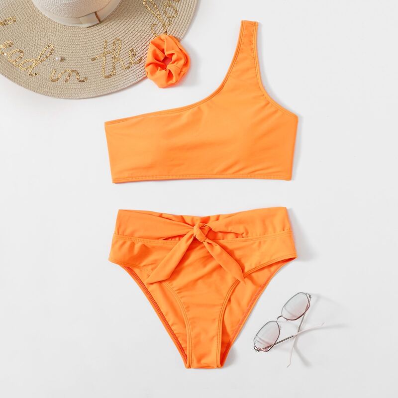 

One Shoulder High Waisted Bikini Swimsuit, Orange