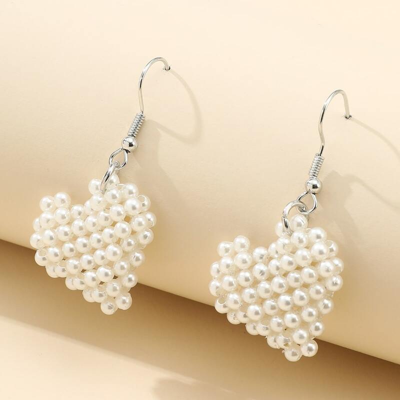 

Faux Pearl Heart Drop Earrings, Silver
