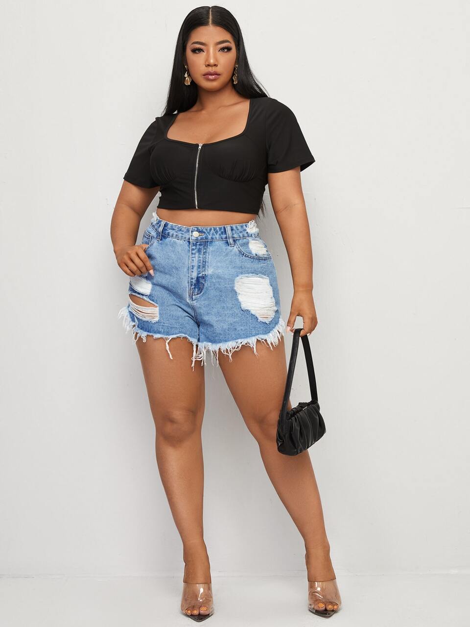 Plus Light Wash Raw Hem Ripped Denim Shorts