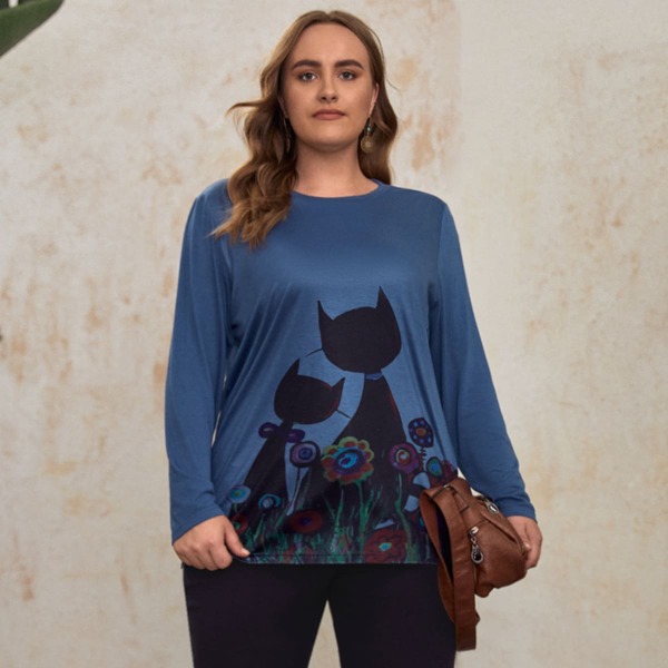 

Plus Cartoon And Floral Print Tee, Navy blue
