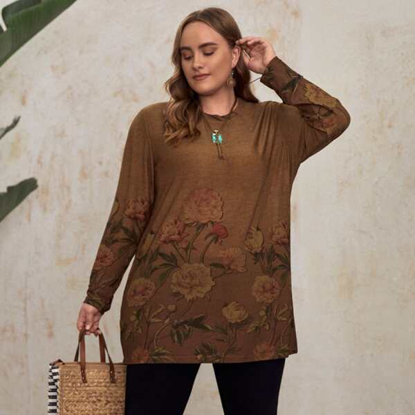 

Plus Floral Print Longline Tee, Brown