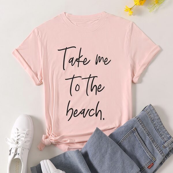 

Plus Slogan Graphic Short Sleeve Tee, Pink