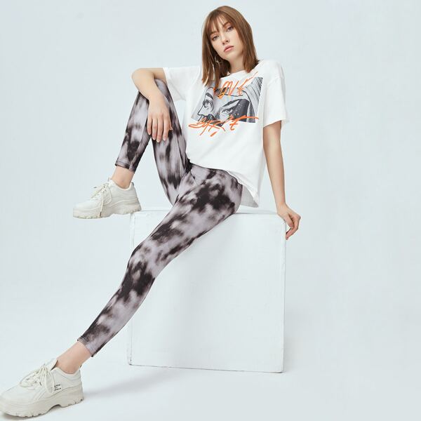 

Figure & Letter Graphic Top & Tie Dye Leggings Set, Multicolor