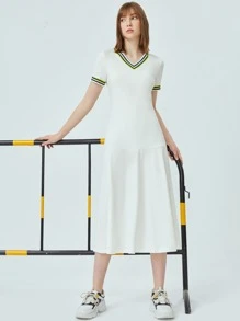 SHEIN Vestido bajo fruncido ribete de rayas en contraste - Blanco - Ver 1