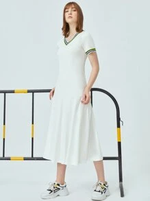 SHEIN Vestido bajo fruncido ribete de rayas en contraste - Blanco - Ver 3