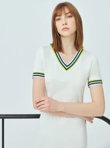 SHEIN Vestido bajo fruncido ribete de rayas en contraste - Blanco - Ver 4