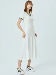 SHEIN Vestido bajo fruncido ribete de rayas en contraste - Blanco - Ver 5