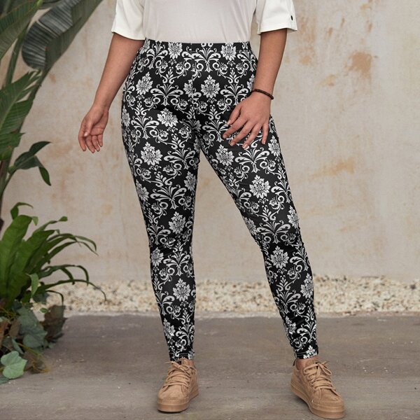

Plus Floral Print High Waist Leggings, Black and white