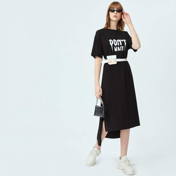

Letter Graphic Slit High Low Hem Dress Without Bag, Black