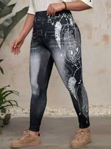 EMERY ROSE Quần legging họa tiết nhiệt đới hiệu ứng denim Plus - Nhiều màu - Xem 1