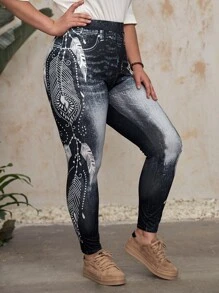 EMERY ROSE Quần legging họa tiết nhiệt đới hiệu ứng denim Plus - Nhiều màu - Xem 5
