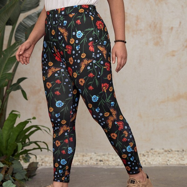 

Plus Floral And Butterfly Print Leggings, Multicolor